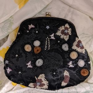 Satin Black Beaded Evening Bag